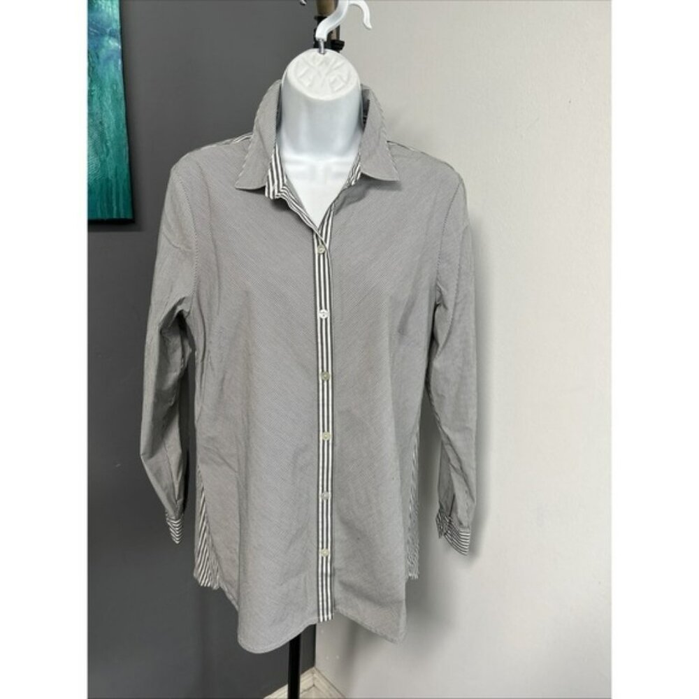 J Jill Women's Medium Contrast‎ Stripe Button Blouse Preppy Nautical Altered